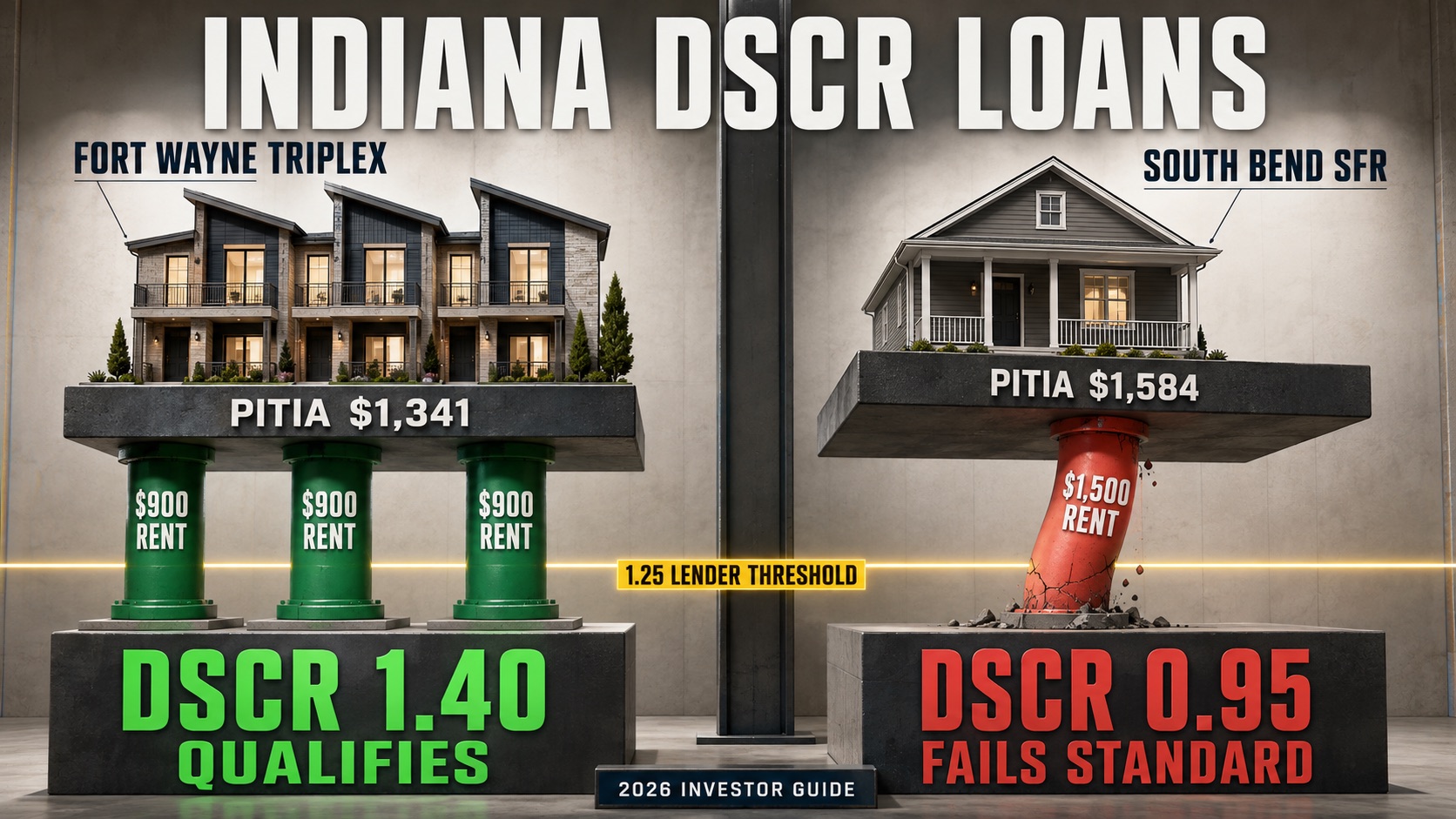 Indiana DSCR loans — Fort Wayne triplex PITIA $1,341 rent $2,700 DSCR 1.40 qualifies vs South Bend SFR PITIA $1,584 rent $1,500 DSCR 0.95 fails