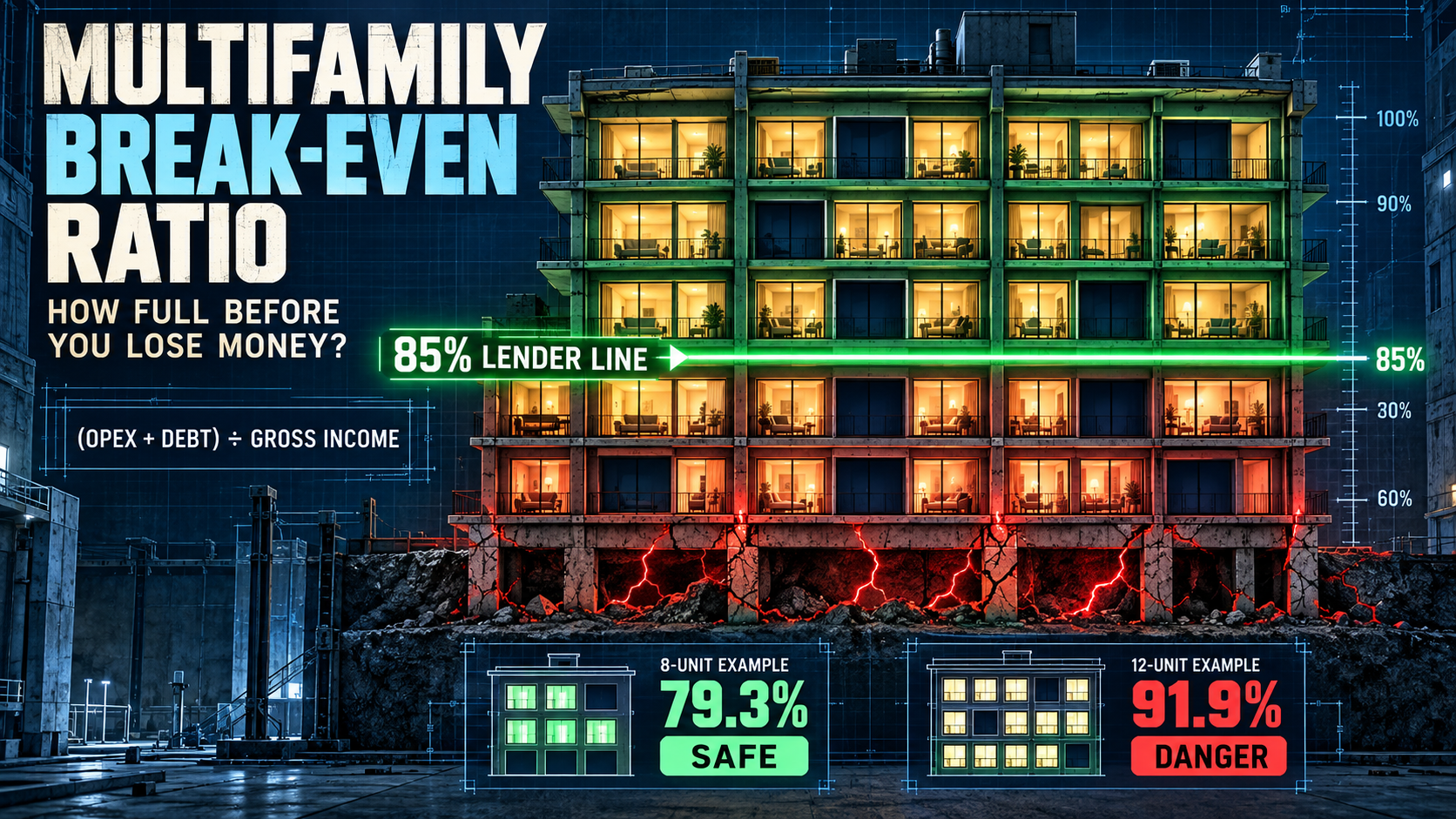 Multifamily break even ratio formula with 8-unit example at 79.3 percent safe versus 12-unit at 91.9 percent danger zone against 85 percent lender line