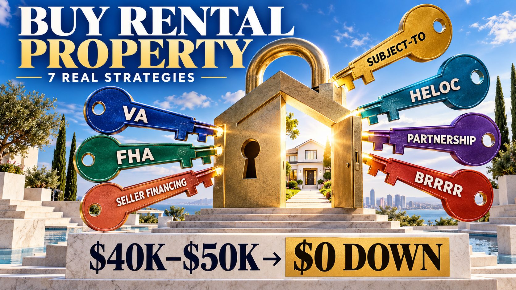 Buy rental property with no money down — 7 strategies VA loan FHA house hack seller financing BRRRR 2026