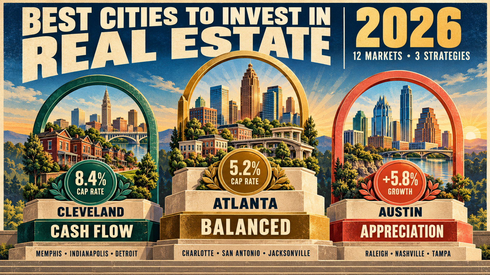 Best cities to invest in real estate 2026 showing Cleveland 8.4 percent cap rate cash flow Atlanta 5.2 percent balanced and Austin 5.8 percent growth appreciation across 12 markets and 3 strategies