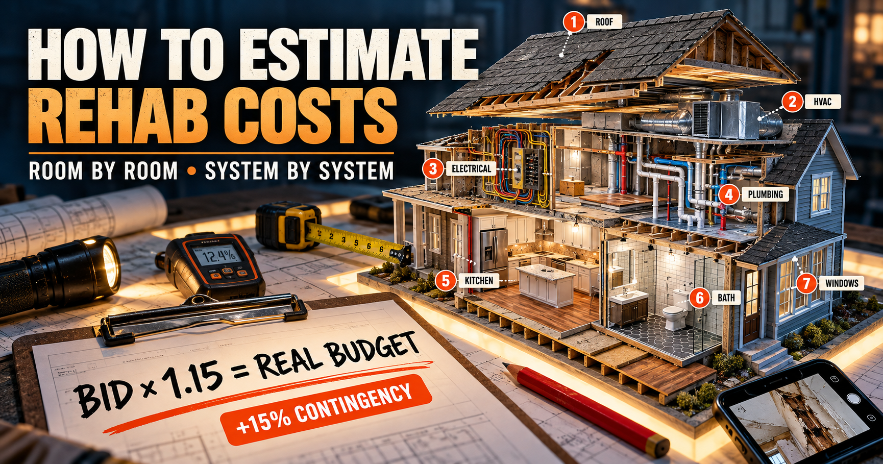 How to estimate rehab costs room by room system by system showing cutaway house with roof HVAC electrical plumbing kitchen bath and bid times 1.15 equals real budget with 15 percent contingency