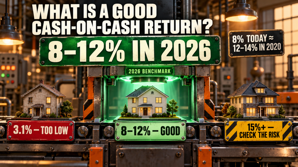 Good cash on cash return benchmarks 2026 showing 8-12 percent is good 3.1 percent too low 15 percent check risk