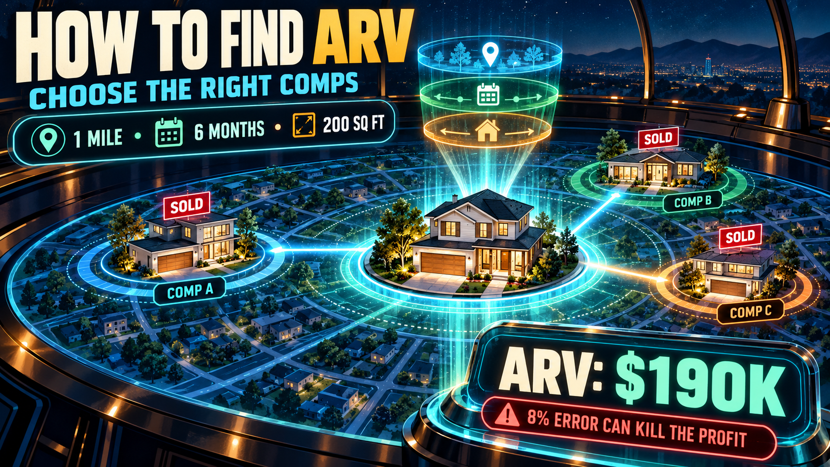 How to find ARV using comps within 1 mile 6 months 200 sqft selecting comparable sales to estimate 190K after repair value with 8 percent error margin