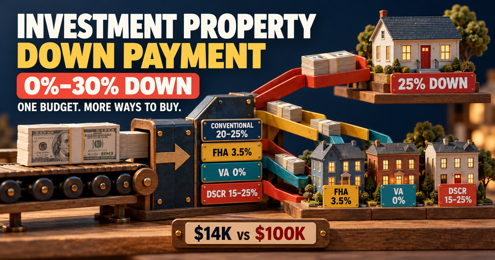 Investment property down payment options from 0 to 30 percent showing FHA 3.5 percent VA 0 percent conventional 20-25 percent and DSCR 15-25 percent with 14K vs 100K comparison