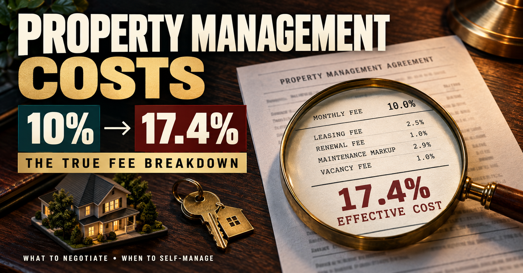 Property management costs breakdown showing 10 percent advertised fee versus 17.4 percent true effective cost with leasing renewal maintenance and vacancy fees