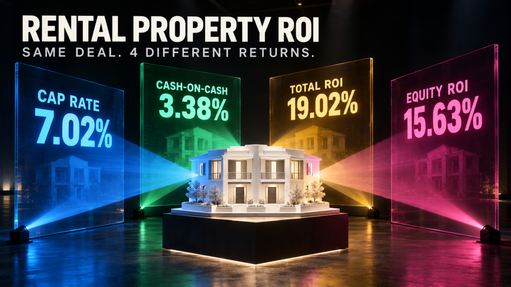 Rental property ROI 4 methods cap rate cash on cash total ROI equity ROI on same Memphis duplex