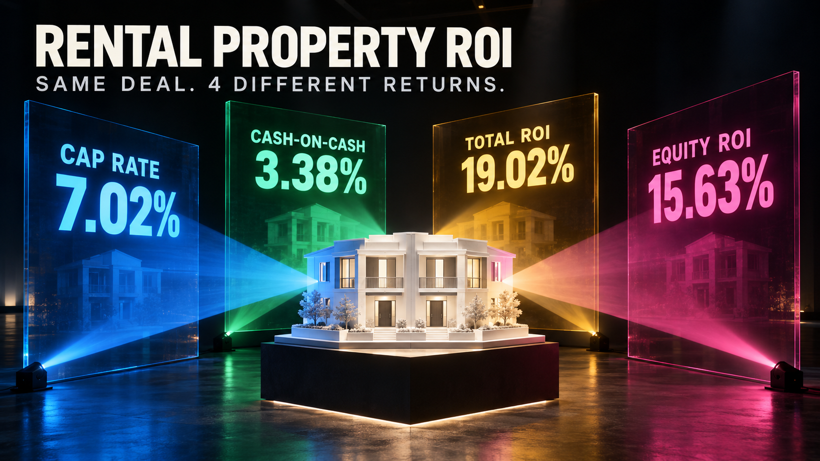 Rental property ROI calculated 4 ways on same deal showing cap rate 7.02 percent cash on cash 3.38 percent total ROI 19.02 percent and equity ROI 15.63 percent