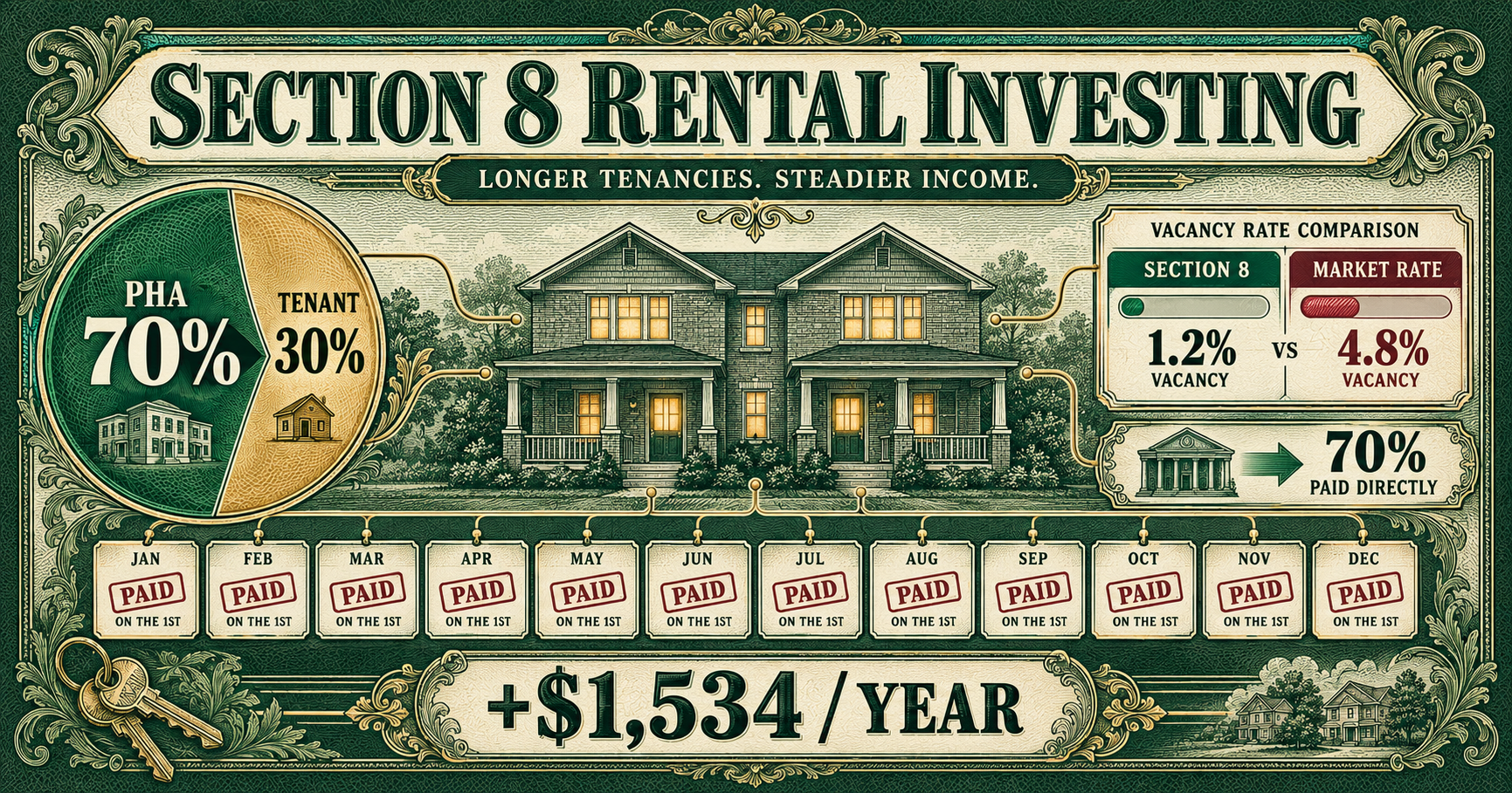 Section 8 rental investing showing PHA 70 percent payment and tenant 30 percent with vacancy comparison