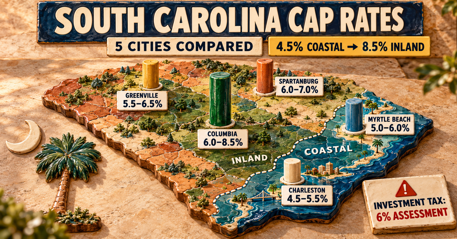 South Carolina cap rates by city showing 5 cities compared from 4.5 percent coastal to 8.5 percent inland with investment tax 6 percent assessment